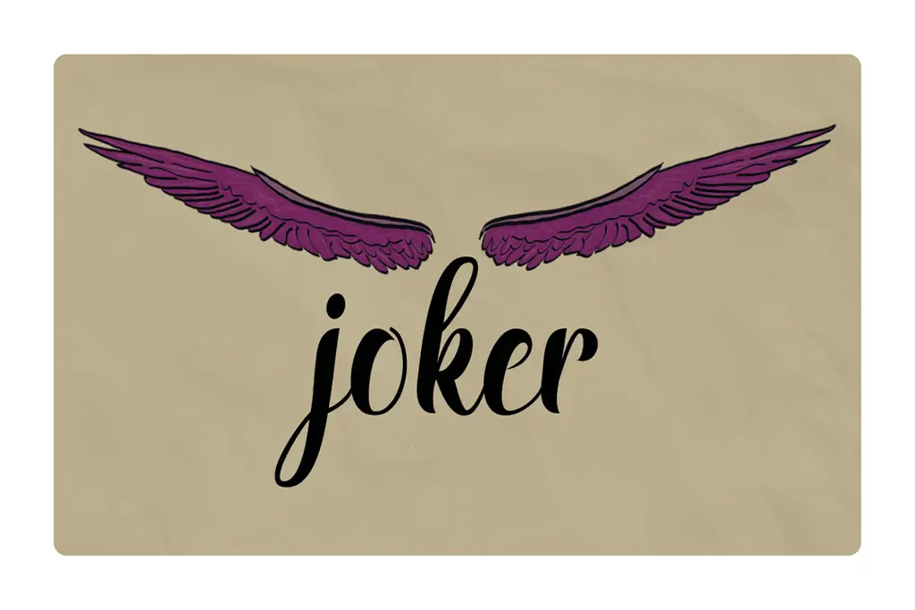 A joker from a playing card deck. The type is a cursive typeface. Purple wings stretch out from the "k"