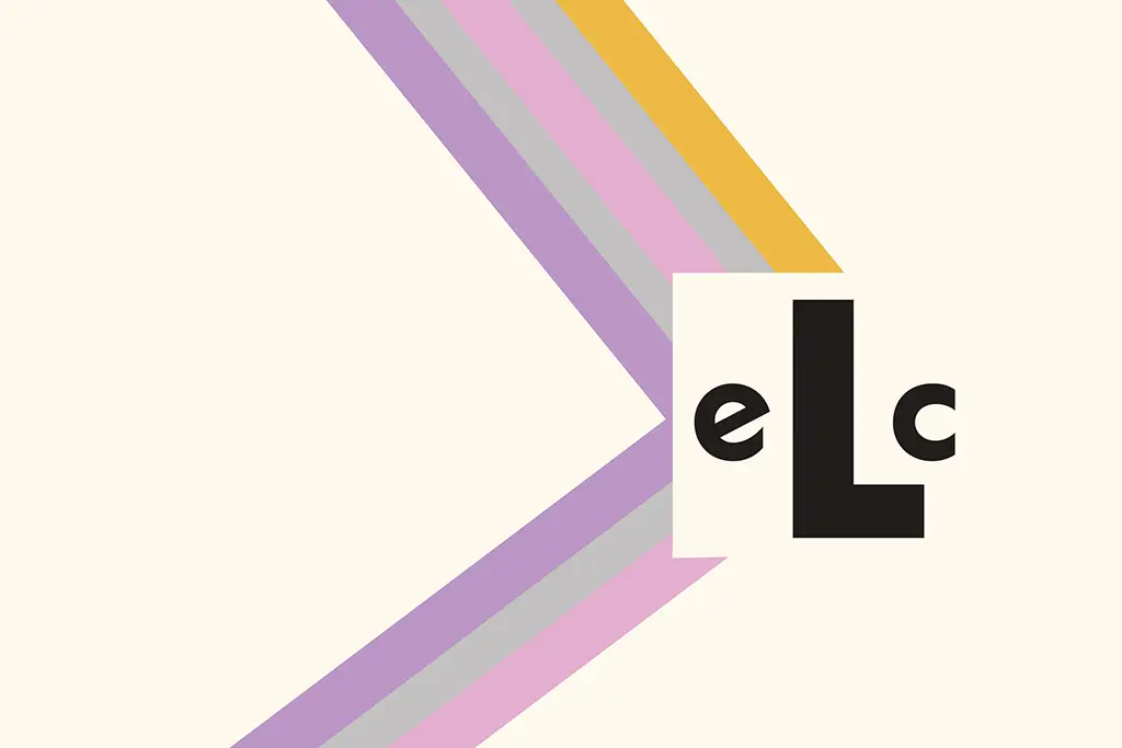 Purple, grey, pink, and orange lines converge to create a box for the letters "e", "l", and "c"