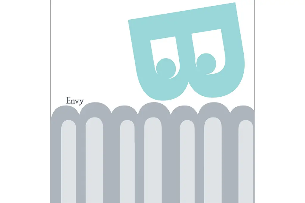 The letter "b" turned into a set of eyes peering over a fence with the word "envy" written along it