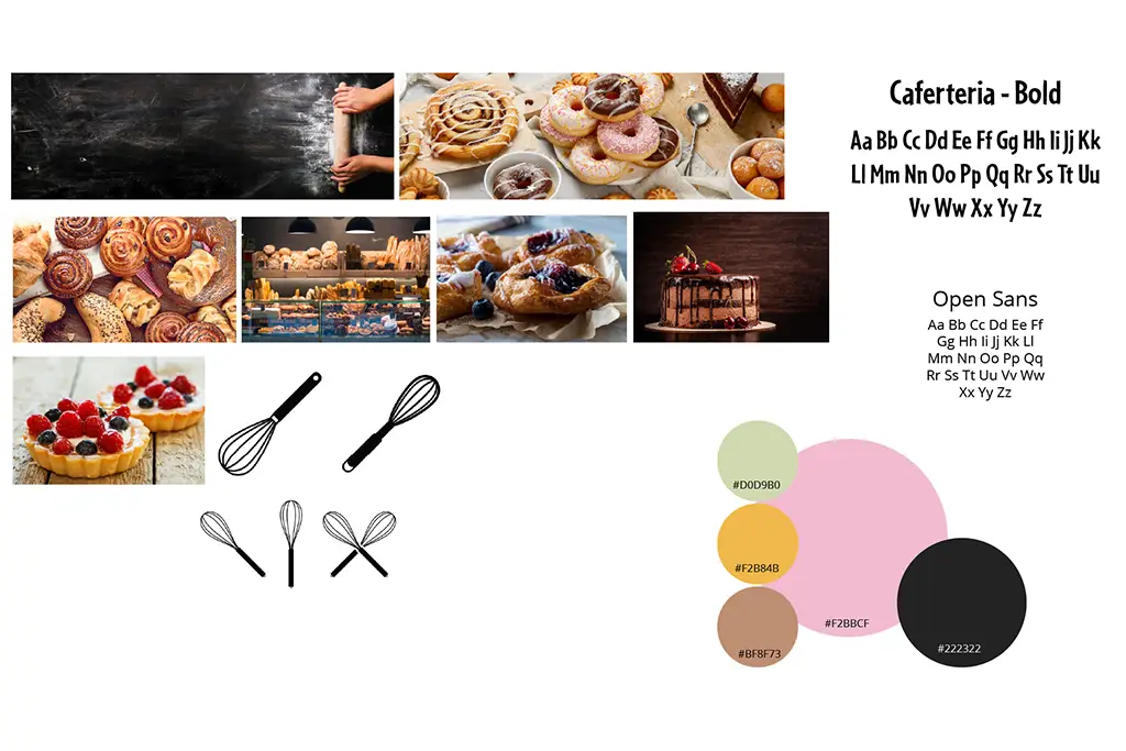 Mood board which includes images of food, a bakery counter, and whisks, font pairing, and color palette
