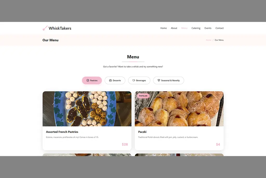 The Menu page of the WhiskTakers website
