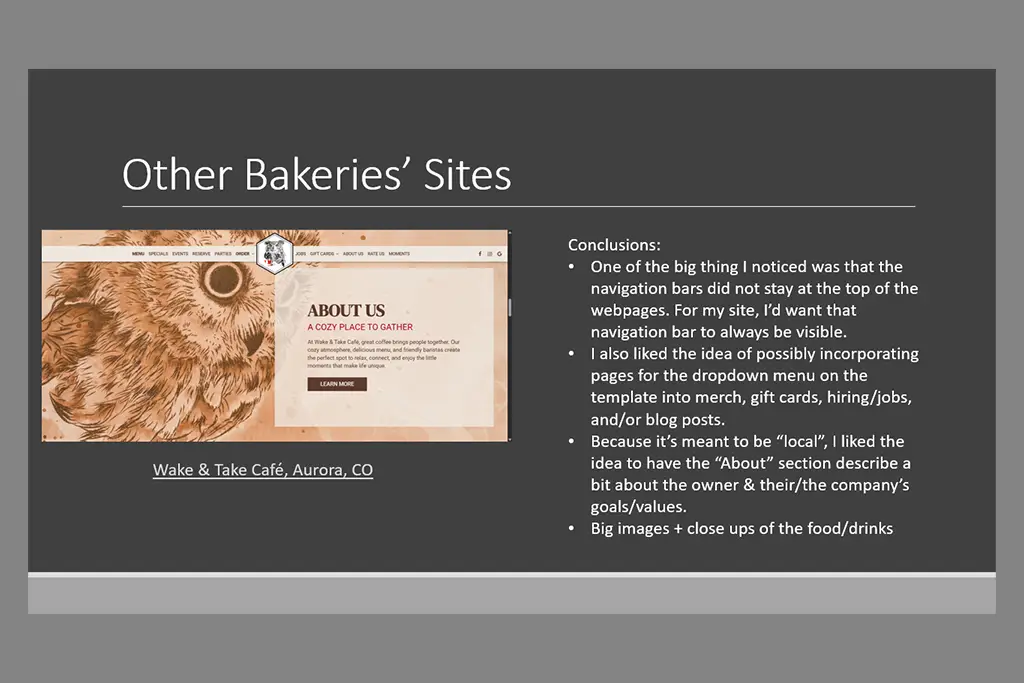 One of the bakery websites I looked through and my overall conclusions from all the bakery sites I looked at