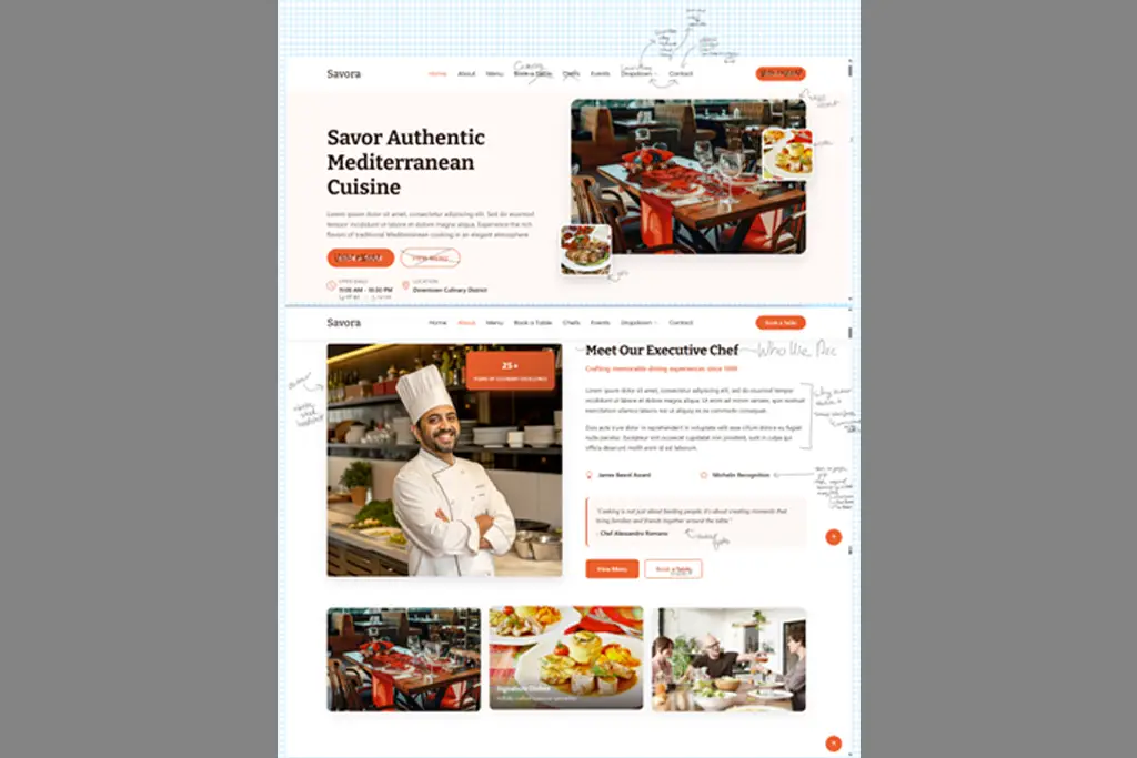 I took screen captures of the original Bootstrap template in order to then draw and write out my ideas for how I wanted to change the template into my final design.
