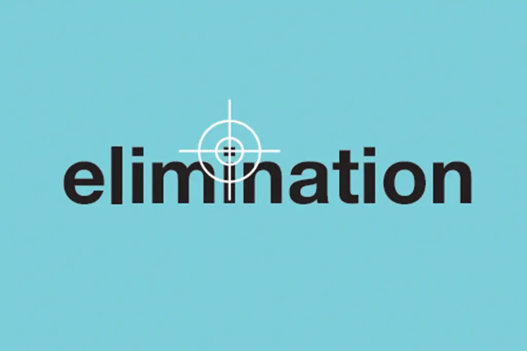 The word "elimination" in black, lowercase text is centered on a light blue background. White crosshairs focus on the "i"'s dot.