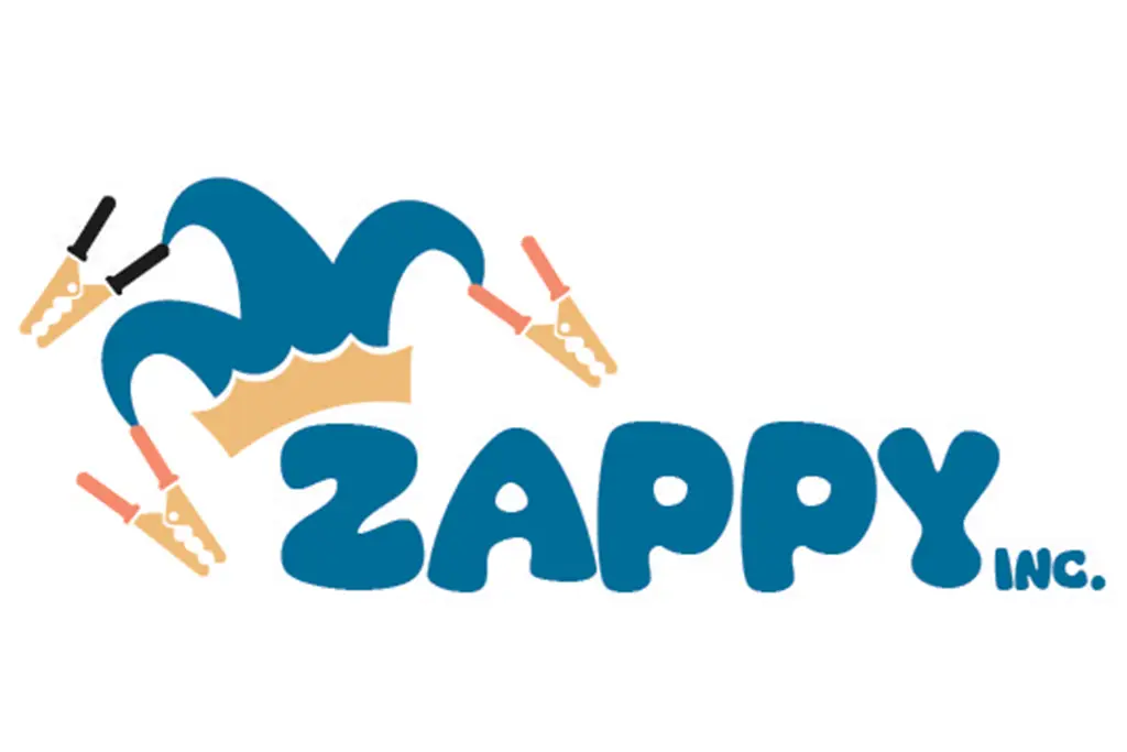 The logo is a jester hat perched on the letter "z". Instead of bells on the hat, there are three jumper cable alligator clips